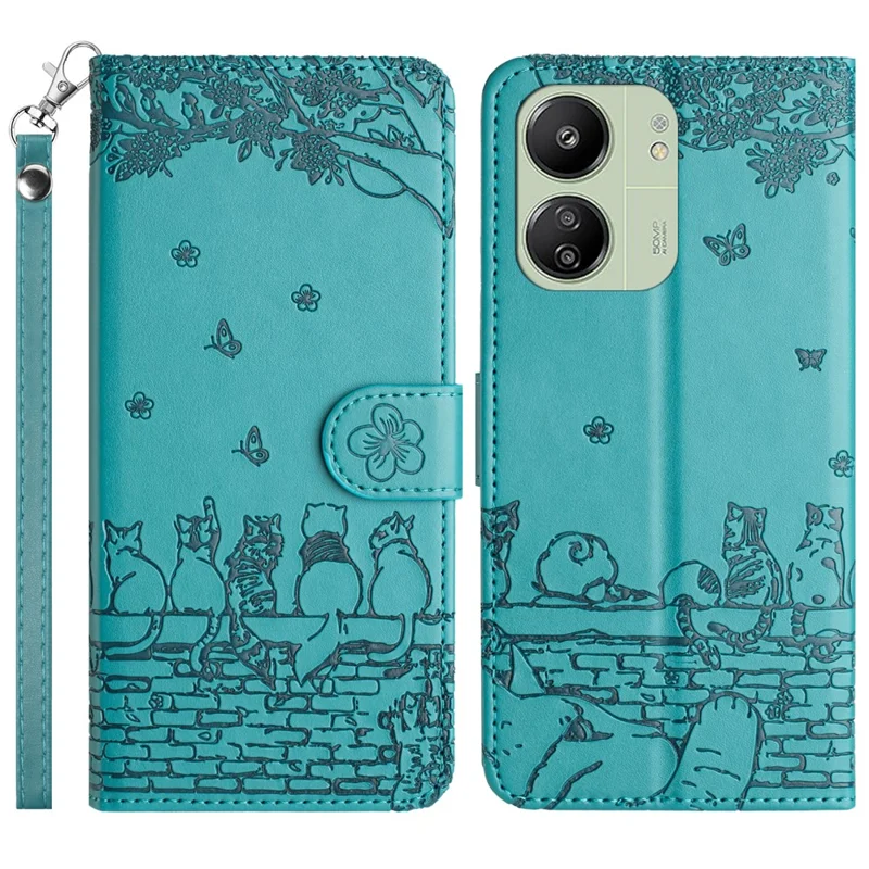 Per Xiaomi Redmi 13C 4G / 5G / 13R 5G / Poco M6 5G / Poco C65 4G Case PU Leather Wallet Cover Wall Cats Pattern - Blu