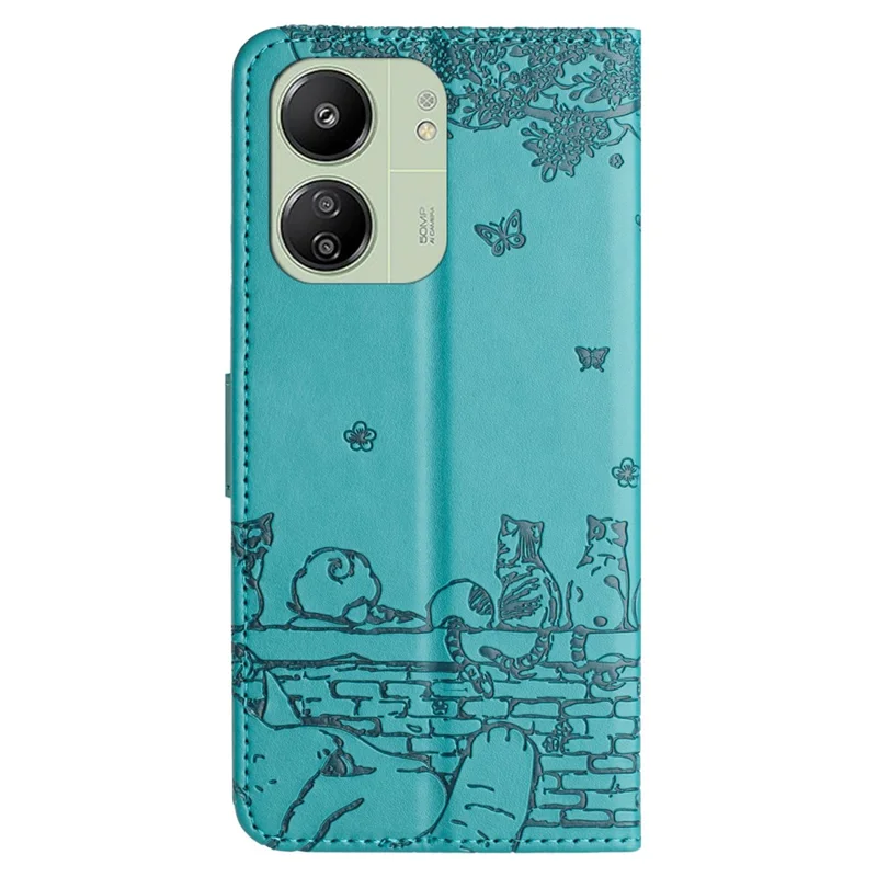 Per Xiaomi Redmi 13C 4G / 5G / 13R 5G / Poco M6 5G / Poco C65 4G Case PU Leather Wallet Cover Wall Cats Pattern - Blu