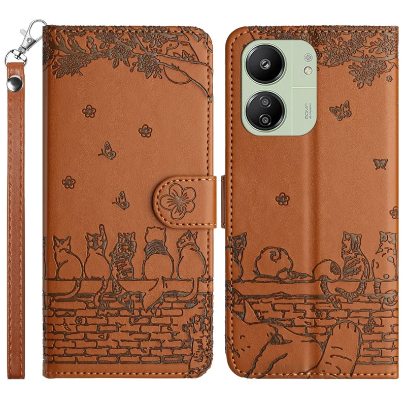 For Xiaomi Redmi 13C 4G / 5G / 13R 5G / Poco M6 5G / Poco C65 4G Case PU Leather Wallet Cover Wall Cats Pattern - Brown