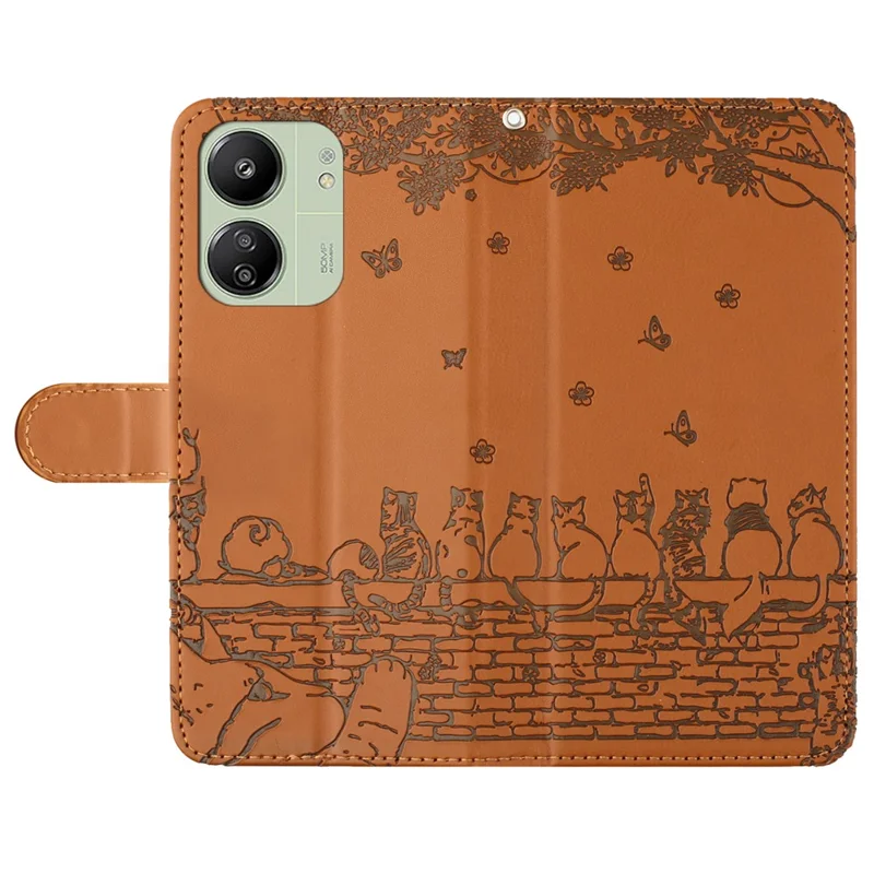For Xiaomi Redmi 13C 4G / 5G / 13R 5G / Poco M6 5G / Poco C65 4G Case PU Leather Wallet Cover Wall Cats Pattern - Brown