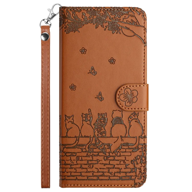 For Xiaomi Redmi 13C 4G / 5G / 13R 5G / Poco M6 5G / Poco C65 4G Case PU Leather Wallet Cover Wall Cats Pattern - Brown
