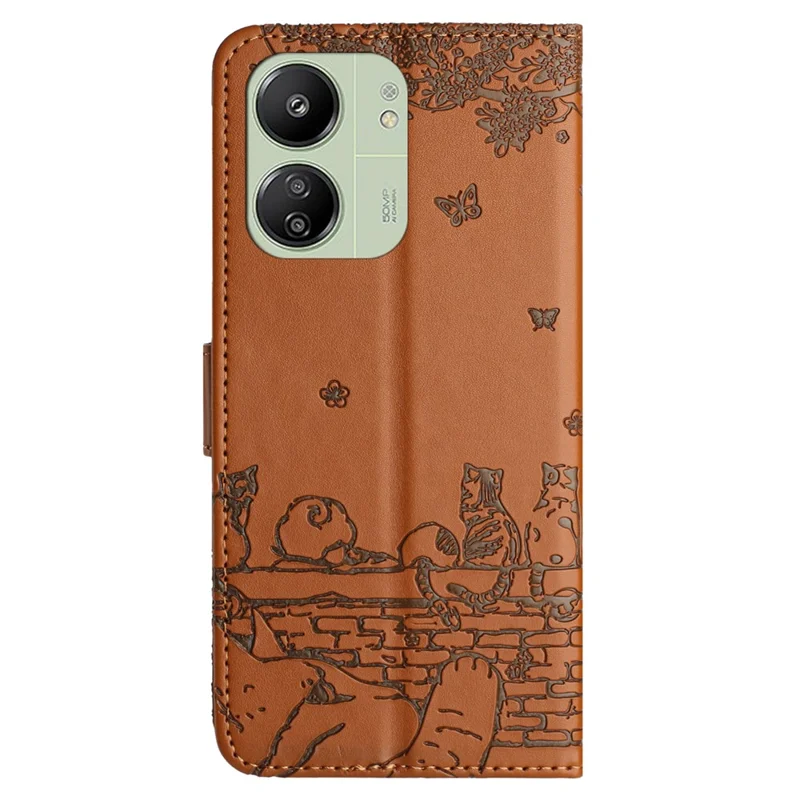 For Xiaomi Redmi 13C 4G / 5G / 13R 5G / Poco M6 5G / Poco C65 4G Case PU Leather Wallet Cover Wall Cats Pattern - Brown