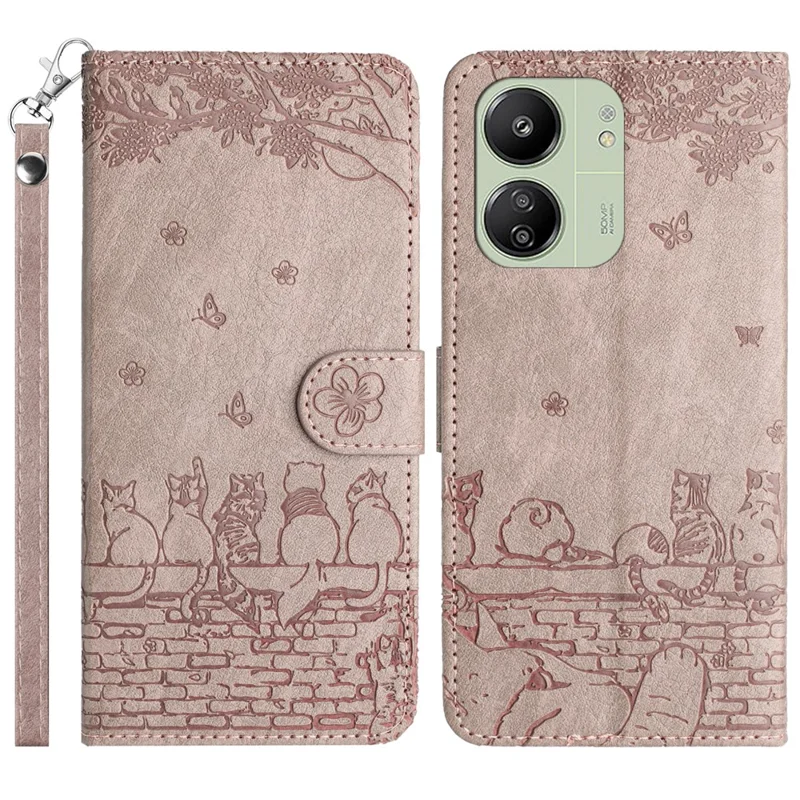 For Xiaomi Redmi 13C 4G / 5G / 13R 5G / Poco M6 5G / Poco C65 4G Case PU Leather Wallet Cover Wall Cats Pattern - Smoky Purple