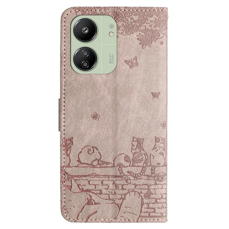 For Xiaomi Redmi 13C 4G / 5G / 13R 5G / Poco M6 5G / Poco C65 4G Case PU Leather Wallet Cover Wall Cats Pattern - Smoky Purple