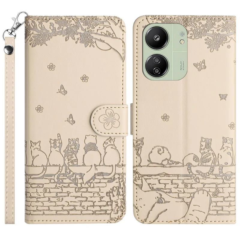 For Xiaomi Redmi 13C 4G / 5G / 13R 5G / Poco M6 5G / Poco C65 4G Case PU Leather Wallet Cover Wall Cats Pattern - Apricot