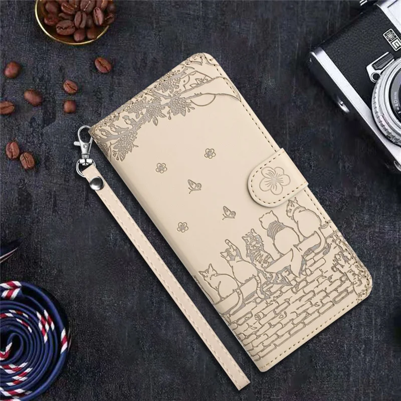 For Xiaomi Redmi 13C 4G / 5G / 13R 5G / Poco M6 5G / Poco C65 4G Case PU Leather Wallet Cover Wall Cats Pattern - Apricot