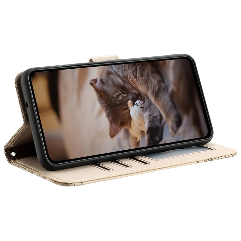 For Xiaomi Redmi 13C 4G / 5G / 13R 5G / Poco M6 5G / Poco C65 4G Case PU Leather Wallet Cover Wall Cats Pattern - Apricot