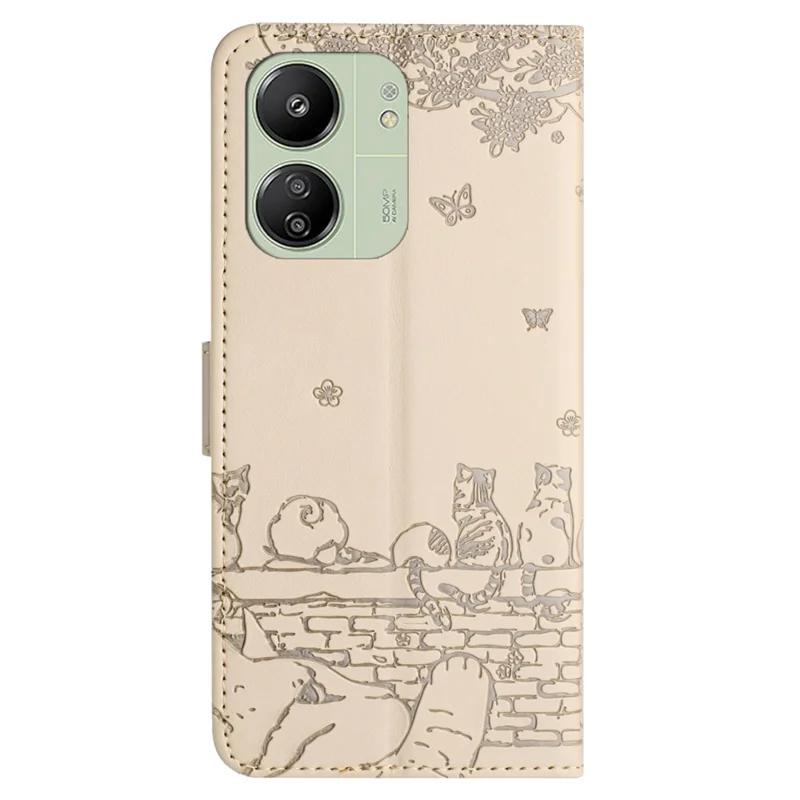 For Xiaomi Redmi 13C 4G / 5G / 13R 5G / Poco M6 5G / Poco C65 4G Case PU Leather Wallet Cover Wall Cats Pattern - Apricot