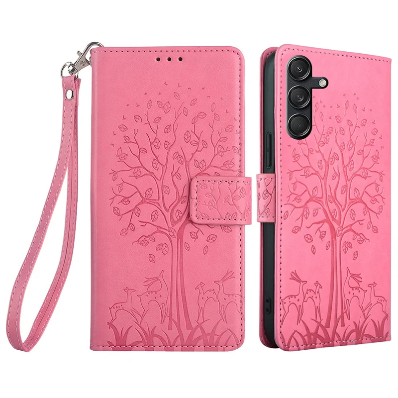 For Samsung Galaxy M55 5G / C55 5G / F55 5G Case Tree Pattern Imprinted Wallet Stand Leather Phone Cover - Pink