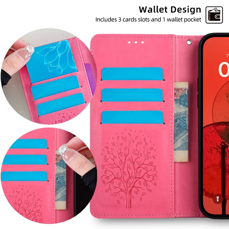 For Samsung Galaxy M55 5G / C55 5G / F55 5G Case Tree Pattern Imprinted Wallet Stand Leather Phone Cover - Pink