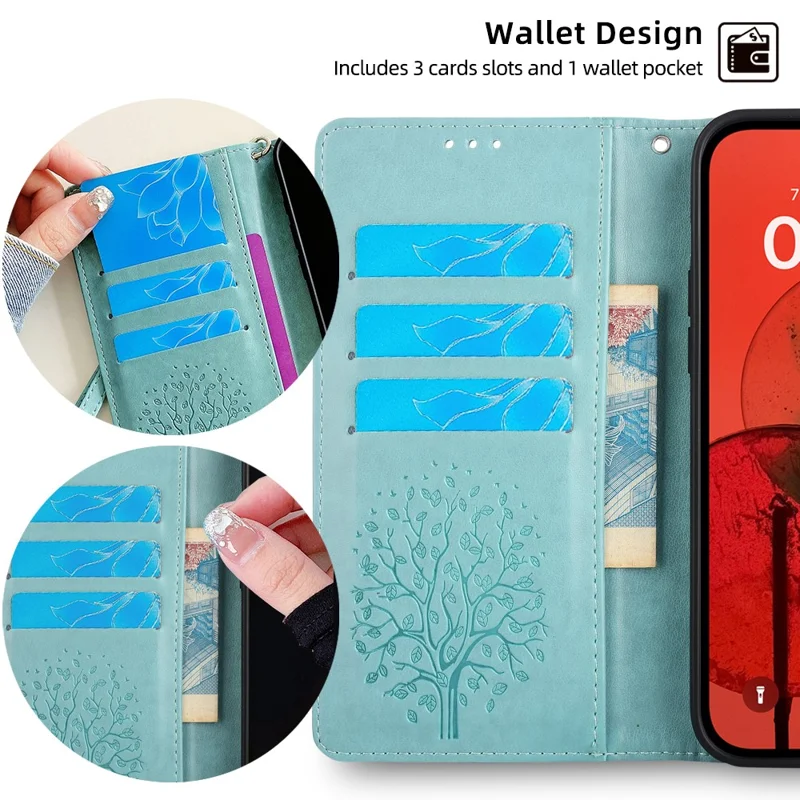 For Samsung Galaxy M55 5G / C55 5G / F55 5G Case Tree Pattern Imprinted Wallet Stand Leather Phone Cover - Green