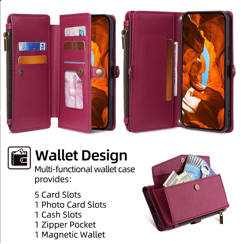 For Samsung Galaxy M55 5G / C55 5G / F55 5G Stand Case with 6 Card Slots Leather Wallet Handbag Phone Cover - Red