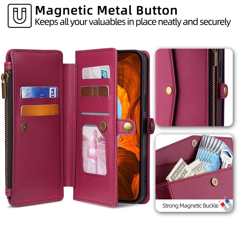 For Samsung Galaxy M55 5G / C55 5G / F55 5G Stand Case with 6 Card Slots Leather Wallet Handbag Phone Cover - Red