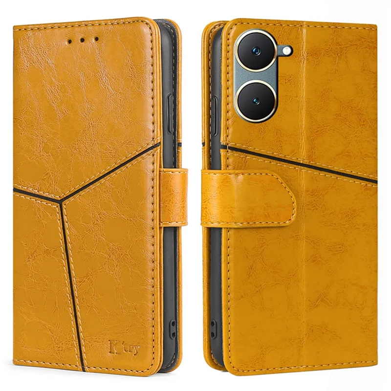 For vivo Y03 Case Geometric Splicing Leather Wallet Viewing Stand Phone Cover - Yellow