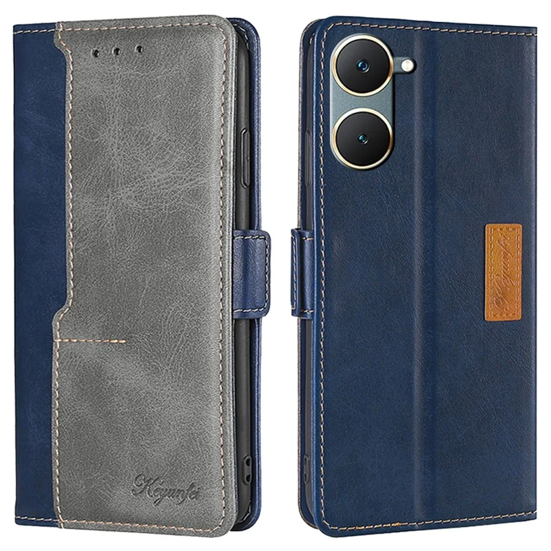 Para vivo Y03 Funda Cartera Combinación de Colores Cuero Sintético Flip Folio Carcasa de Teléfono - Azul+Gris