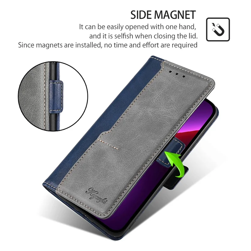 Para vivo Y03 Funda Cartera Combinación de Colores Cuero Sintético Flip Folio Carcasa de Teléfono - Azul+Gris