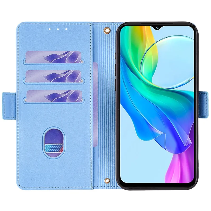 For vivo Y03 Wallet Case PU Leather Card Slots Flip Phone Cover with Crossbody Strap - Blue