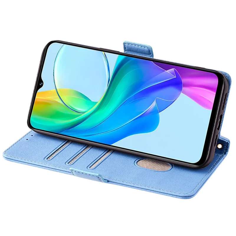 For vivo Y03 Wallet Case PU Leather Card Slots Flip Phone Cover with Crossbody Strap - Blue