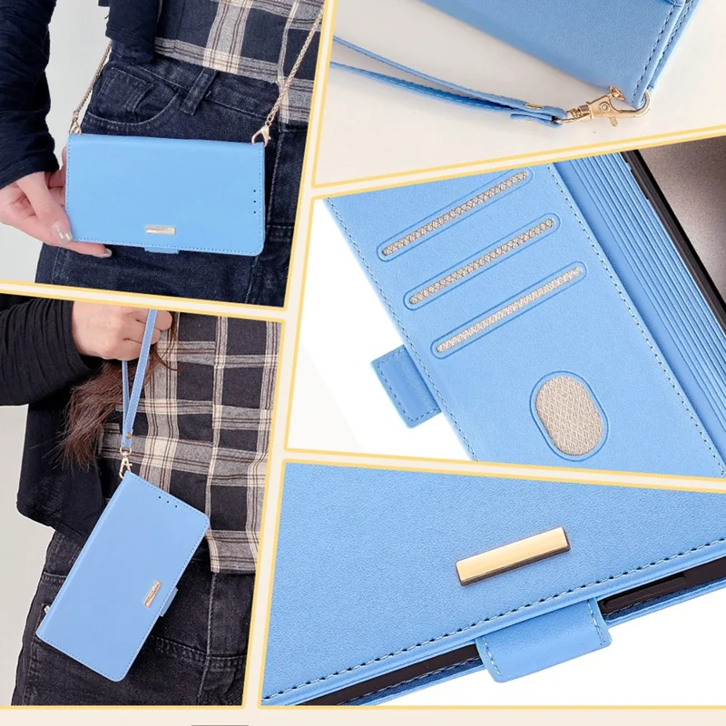 For vivo Y03 Wallet Case PU Leather Card Slots Flip Phone Cover with Crossbody Strap - Blue