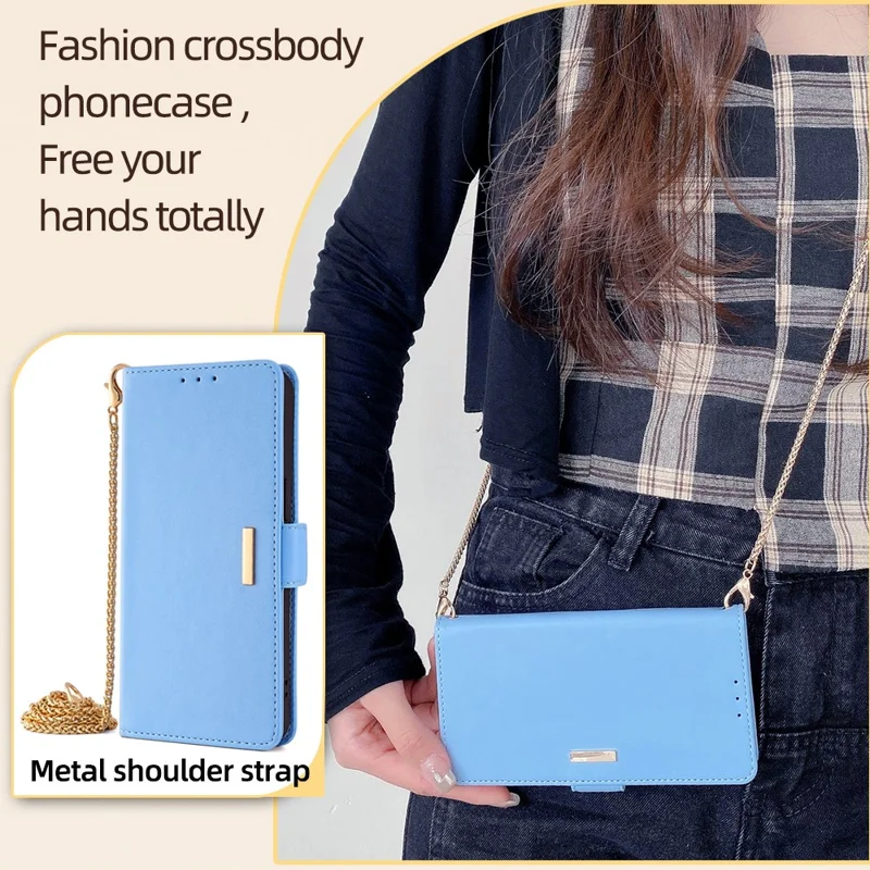For vivo Y03 Wallet Case PU Leather Card Slots Flip Phone Cover with Crossbody Strap - Blue