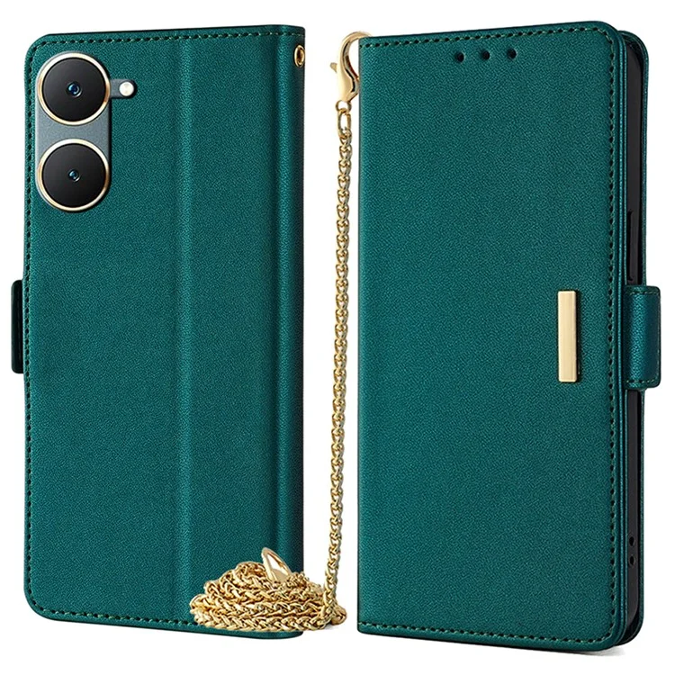 For vivo Y03 Wallet Case PU Leather Card Slots Flip Phone Cover with Crossbody Strap - Green