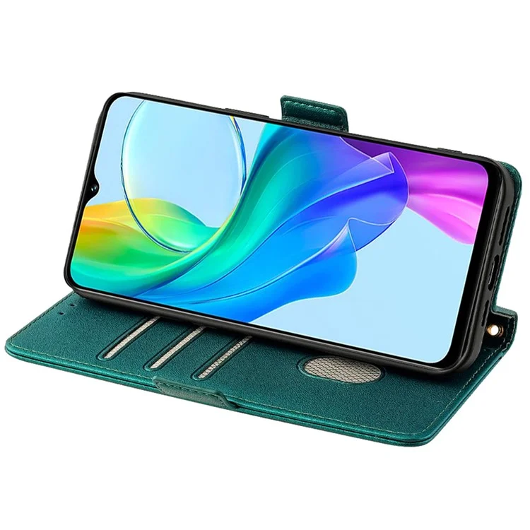 For vivo Y03 Wallet Case PU Leather Card Slots Flip Phone Cover with Crossbody Strap - Green