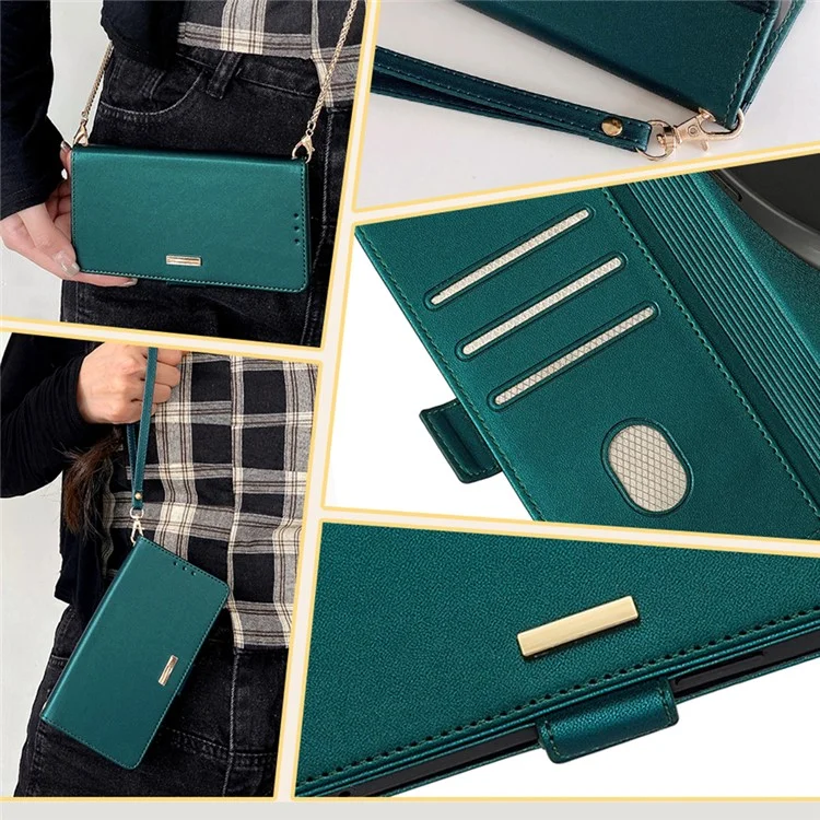 For vivo Y03 Wallet Case PU Leather Card Slots Flip Phone Cover with Crossbody Strap - Green