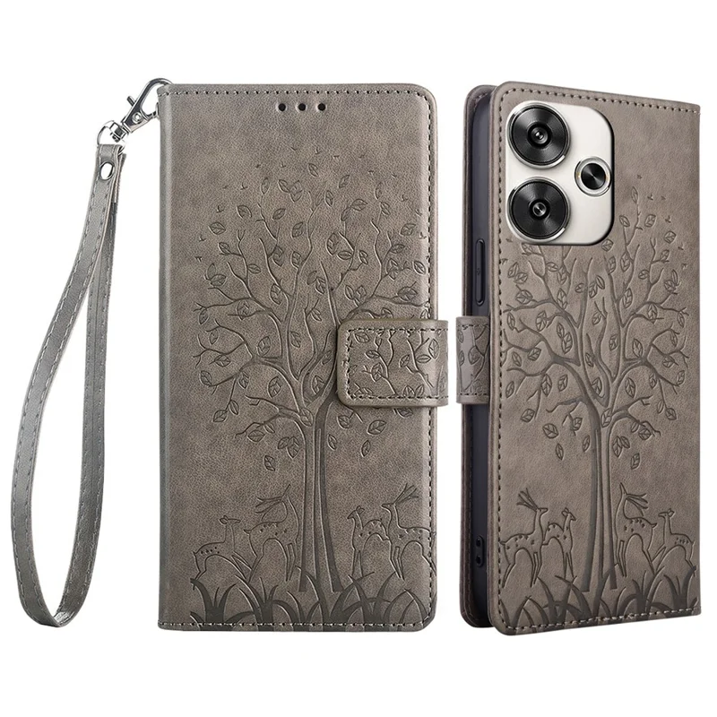 Futerał na Xiaomi Redmi Turbo 3 5G / Poco F6 5G z kieszenią, imitacją skórzaną z nadrukiem jelenia - Szary