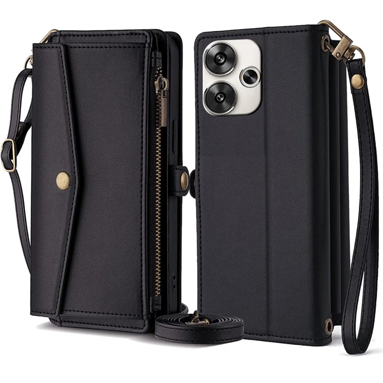 Per Xiaomi Redmi Turbo 3 5G / Poco F6 5G Custodia per telefono Ampia capacità Portafoglio Custodia in pelle con supporto Custodia protettiva con 2 cinghie - Nero