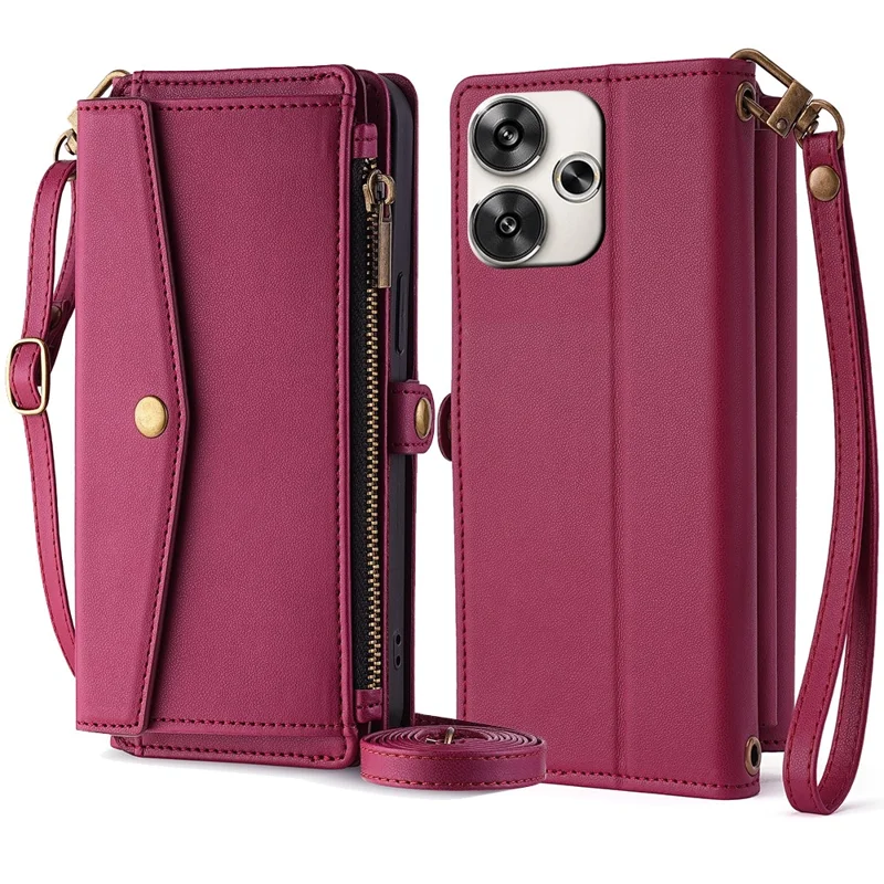 For Xiaomi Redmi Turbo 3 5G / Poco F6 5G Phone Case Large Capacity Wallet Leather Stand Protective Cover with 2 Straps - Red