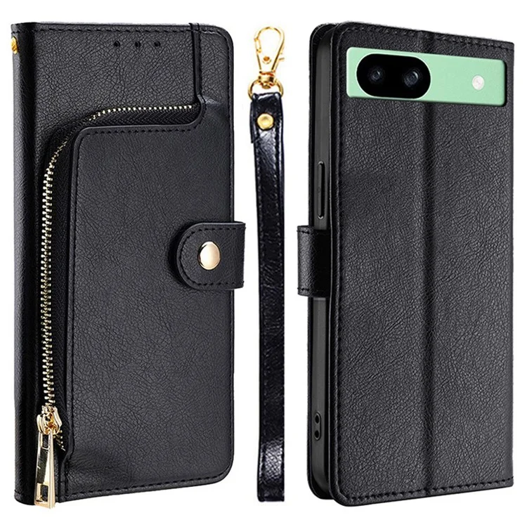 For Google Pixel 8a Phone Case Zipper Pocket PU Leather Stand Cover with Strap - Black