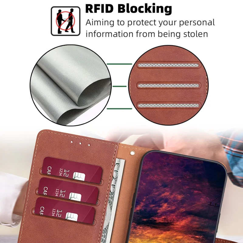 For Google Pixel 8a Case Magnetic Clasp RFID Blocking Wallet Leather Phone Cover - Brown