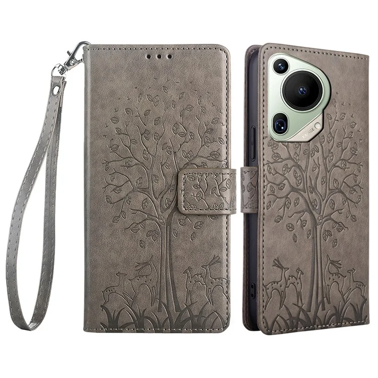 Per Huawei Pura 70 Ultra Case PU Leather Wallet Stand Floral Phone Cover con Cinturino da Polso - Grigio