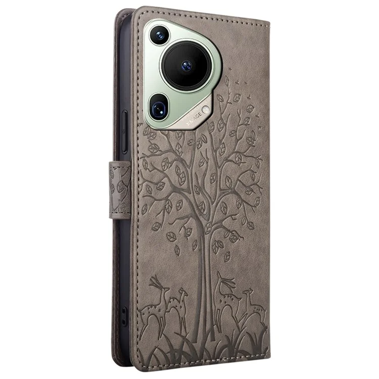 Per Huawei Pura 70 Ultra Case PU Leather Wallet Stand Floral Phone Cover con Cinturino da Polso - Grigio