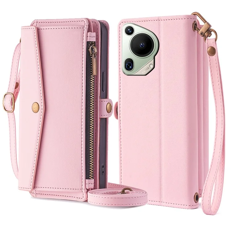 Para Huawei Pura 70 Ultra Capa de Celular Bolso Zíper Carteira de Couro Suporte com 2 Alças - Rosa