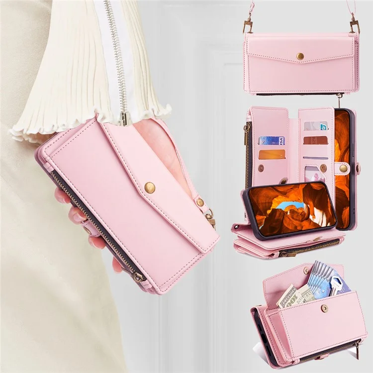 Para Huawei Pura 70 Ultra Capa de Celular Bolso Zíper Carteira de Couro Suporte com 2 Alças - Rosa
