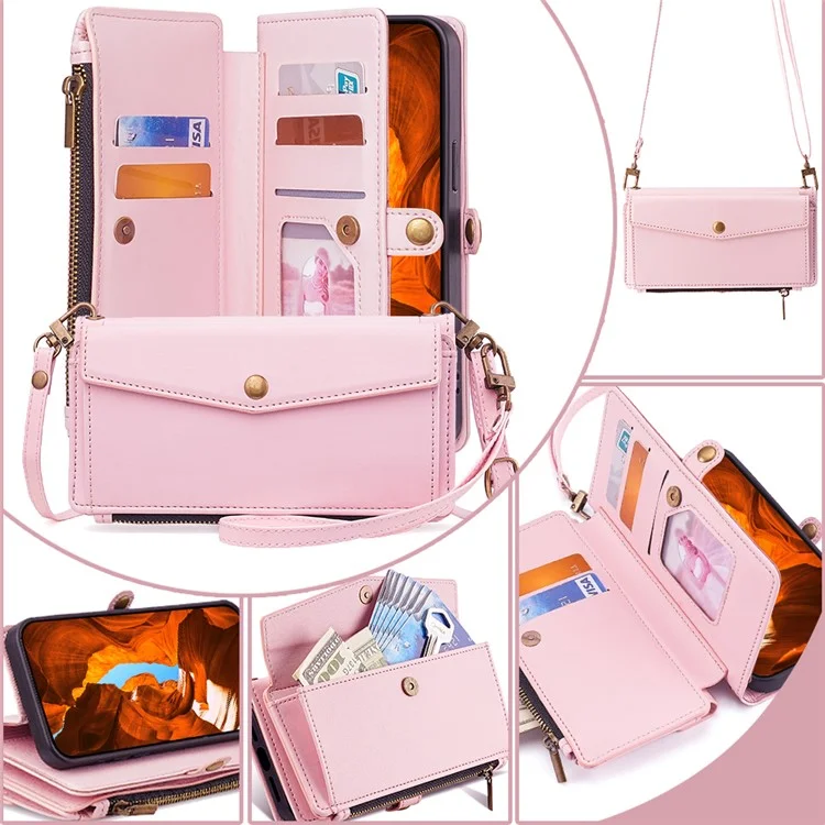 Para Huawei Pura 70 Ultra Capa de Celular Bolso Zíper Carteira de Couro Suporte com 2 Alças - Rosa