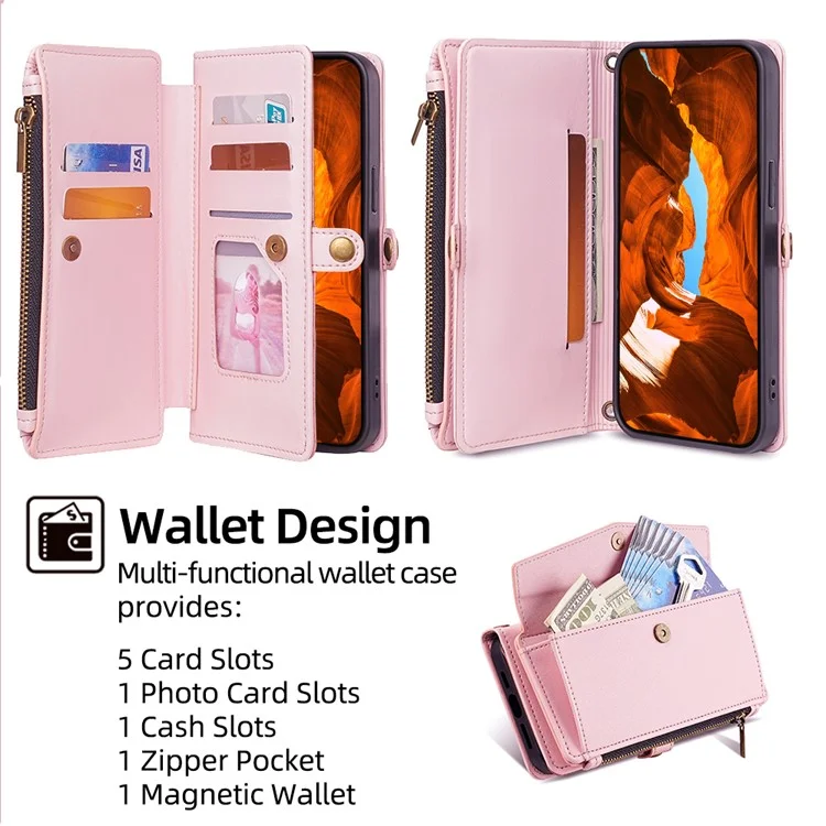 Para Huawei Pura 70 Ultra Capa de Celular Bolso Zíper Carteira de Couro Suporte com 2 Alças - Rosa