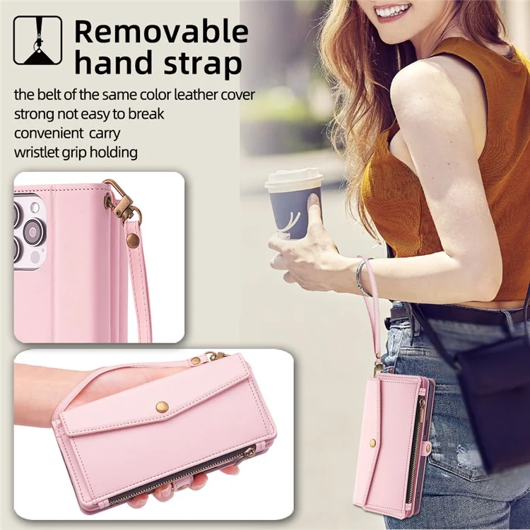 Para Huawei Pura 70 Ultra Capa de Celular Bolso Zíper Carteira de Couro Suporte com 2 Alças - Rosa