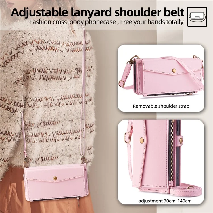 Para Huawei Pura 70 Ultra Capa de Celular Bolso Zíper Carteira de Couro Suporte com 2 Alças - Rosa