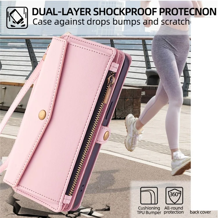 Para Huawei Pura 70 Ultra Capa de Celular Bolso Zíper Carteira de Couro Suporte com 2 Alças - Rosa