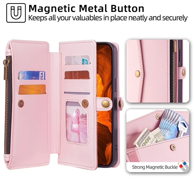 Para Huawei Pura 70 Ultra Capa de Celular Bolso Zíper Carteira de Couro Suporte com 2 Alças - Rosa