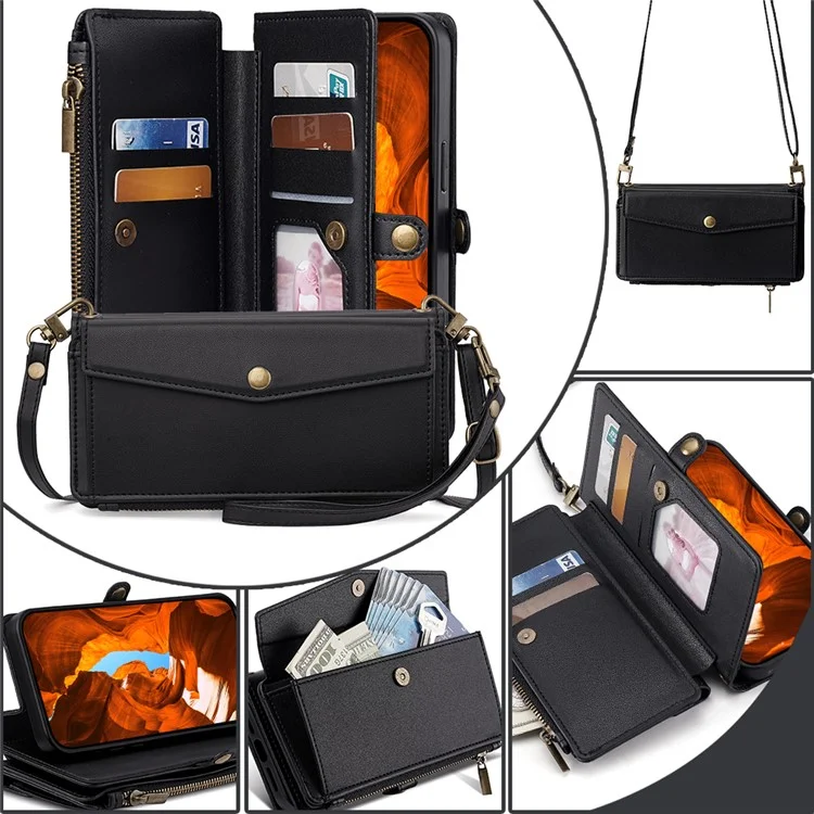 Per TCL 505 Case Card Holder Zipper Wallet Folding Stand Leather Phone Cover con 2 cinghie - Nero