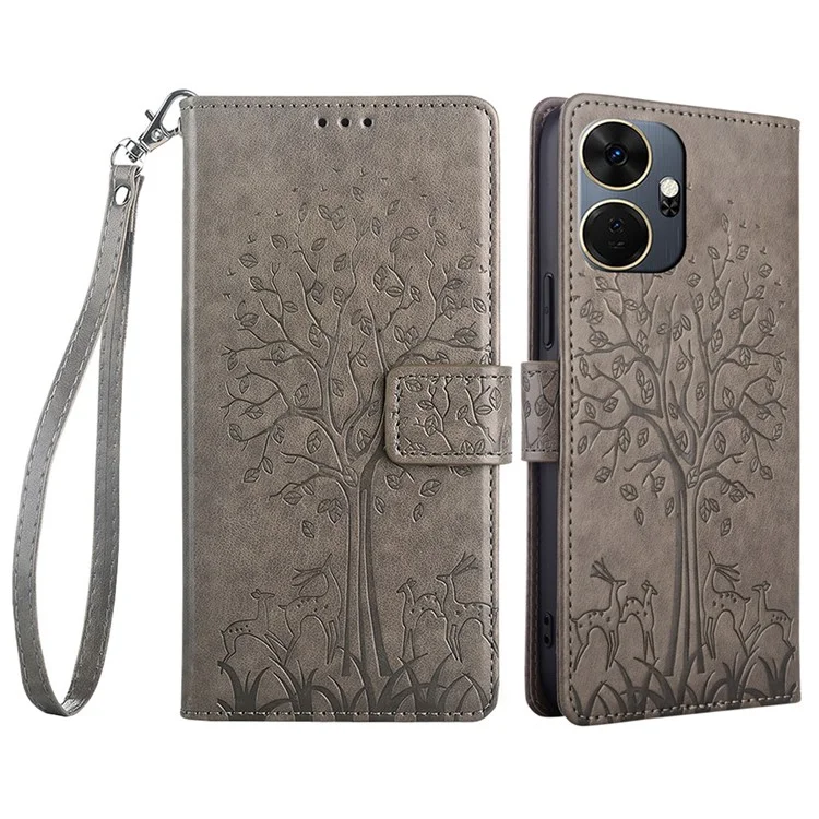 Pour itel P55+ Case PU Leather Deer Imprinted Flip Shockproof Wallet Phone Cover - Gris