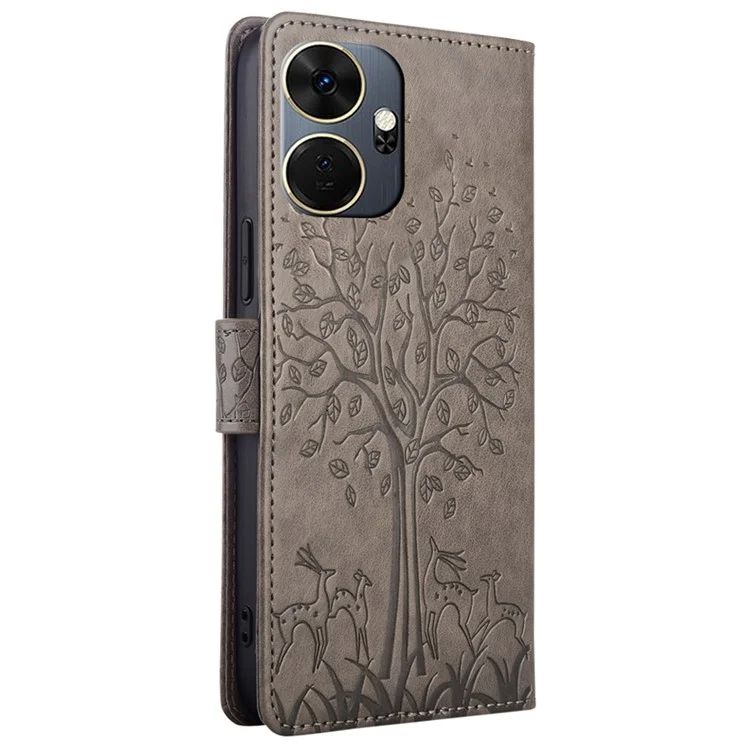 Pour itel P55+ Case PU Leather Deer Imprinted Flip Shockproof Wallet Phone Cover - Gris