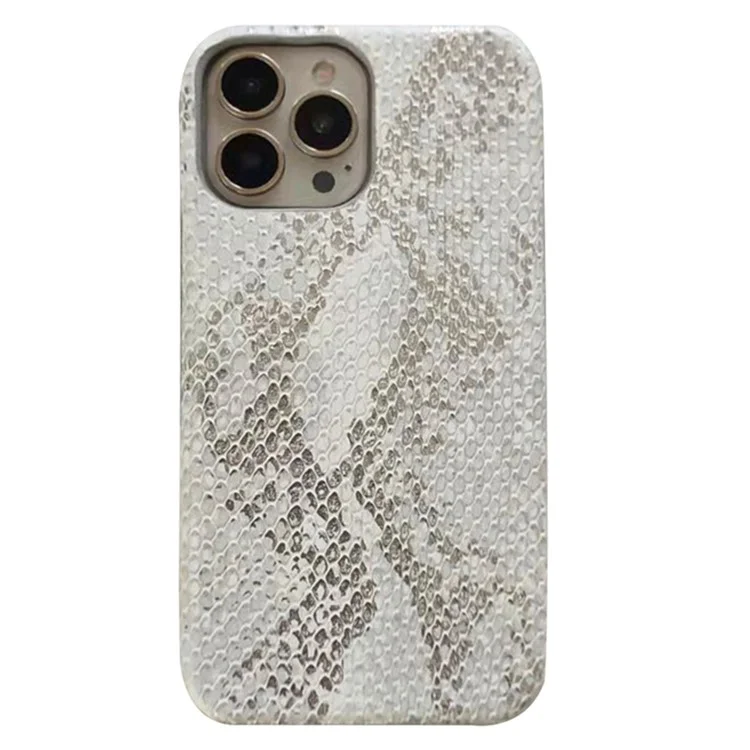 For iPhone 14 Pro Max Case Lacquered Snake Texture Anti-Scratch PU Leather+PC Phone Cover - White