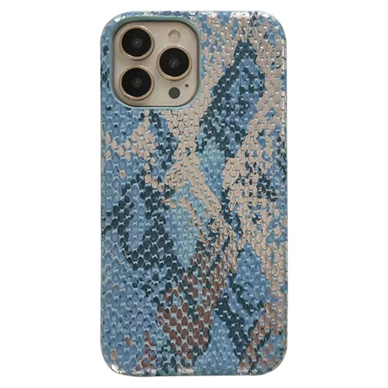 For iPhone 15 Pro Max   Mobile Supplier Phone Case Lacquered Snake Texture PU Leather+PC Cover - Sky Blue