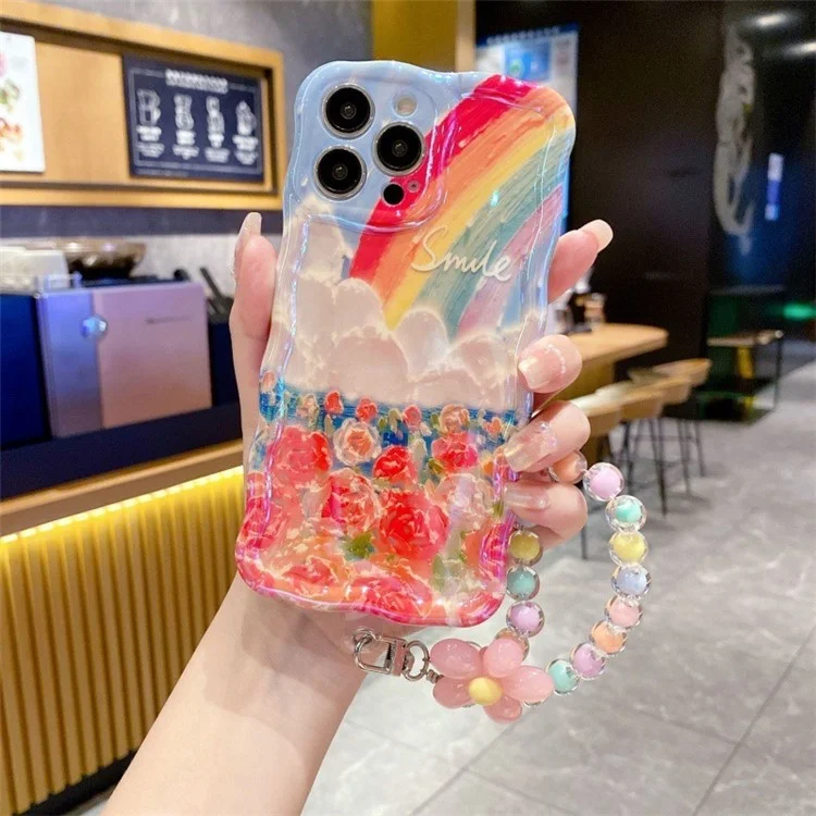 For iPhone 15 Pro Flower Rainbow Pattern Mobile Phone Case Solid Silicone Phone Shell - Rose