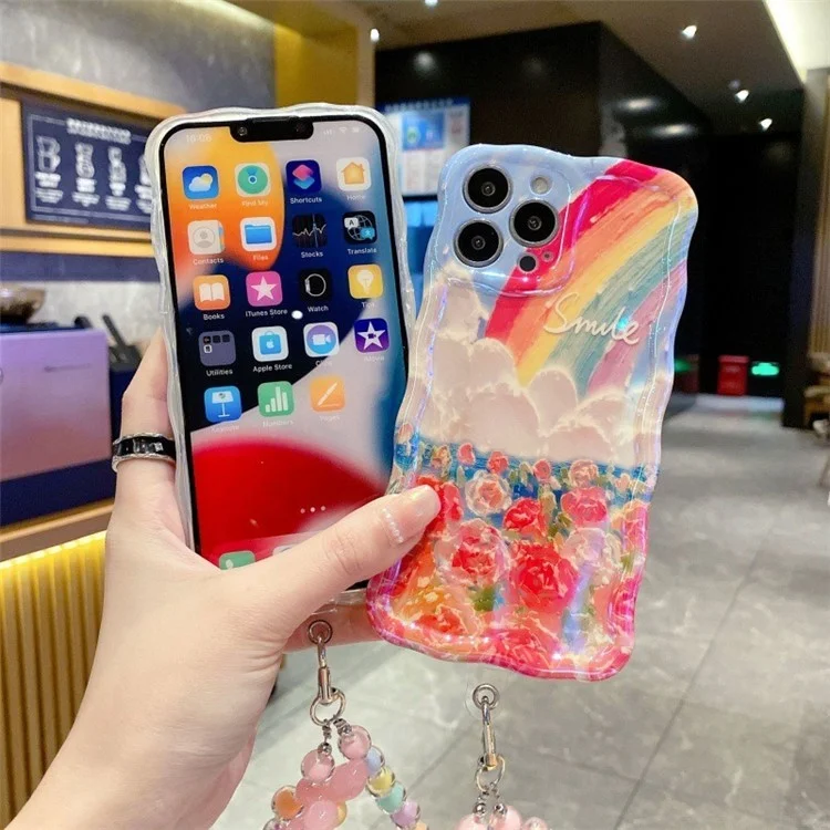 For iPhone 15 Pro Flower Rainbow Pattern Mobile Phone Case Solid Silicone Phone Shell - Rose
