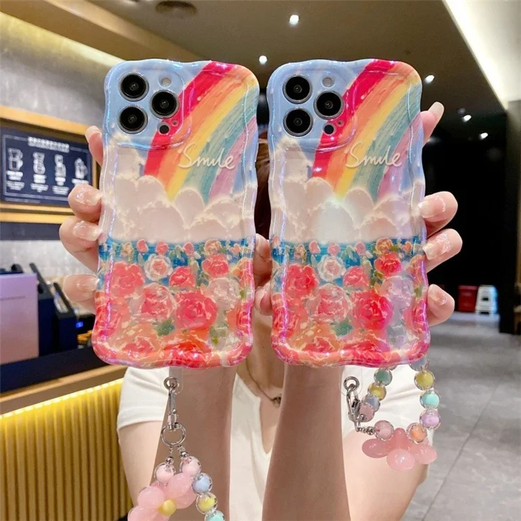 For iPhone 15 Pro Flower Rainbow Pattern Mobile Phone Case Solid Silicone Phone Shell - Rose